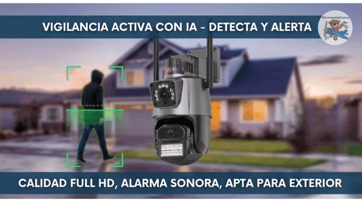 Cámara de Seguridad Doble Lente | Visión 360°, Seguimiento IA y Alarma Disuasoria - NH Ofertas
