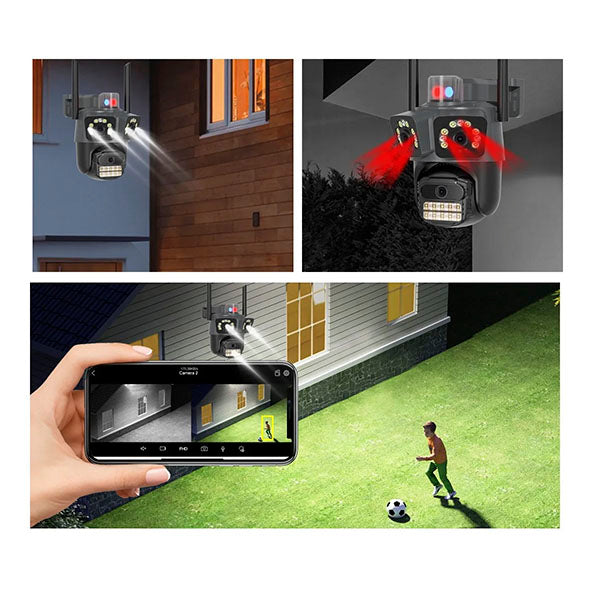 Cámara Triple Lente, Luz de Alarma y Giro 360º
