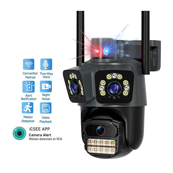 Cámara Triple Lente, Luz de Alarma y Giro 360º