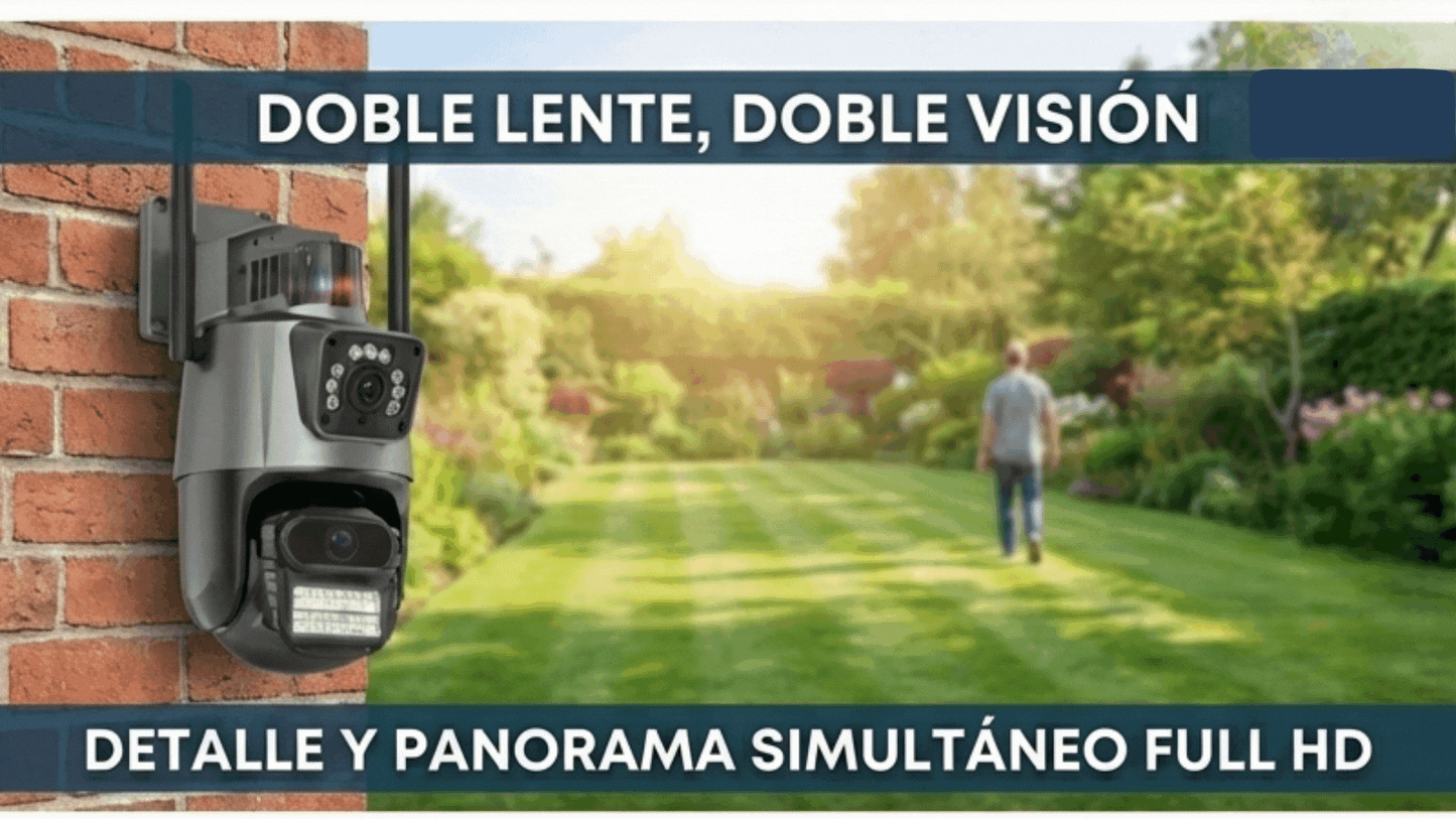 Cámara de Seguridad Doble Lente | Visión 360°, Seguimiento IA y Alarma Disuasoria - NH Ofertas