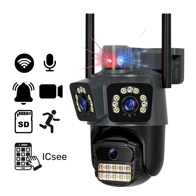 Cámara Triple Lente WiFi 360° | IA, Alarma y Visión Nocturna