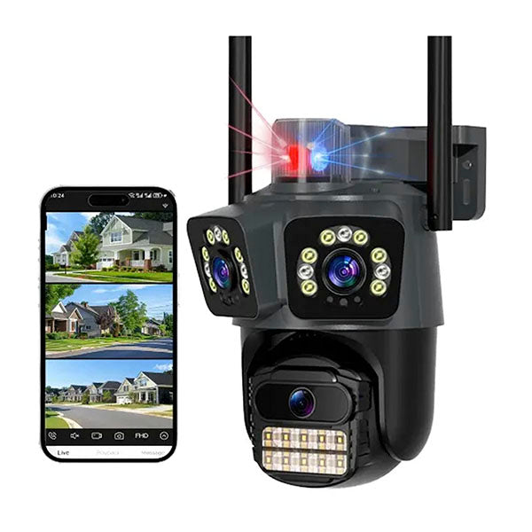 Cámara Triple Lente, Luz de Alarma y Giro 360º